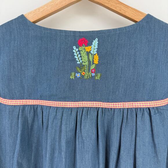 Go Softly Denim Embroidered Bird House Patio Dress Plus Sz 1X Floral Full Zip - Picture 7 of 10